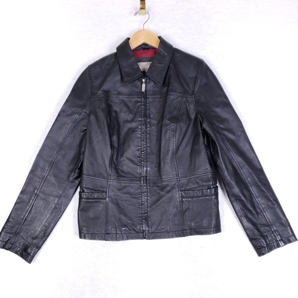 Croft & Barrow Leather Jacket Black‎ Zip Front Collared Medium Sleek Streetwear